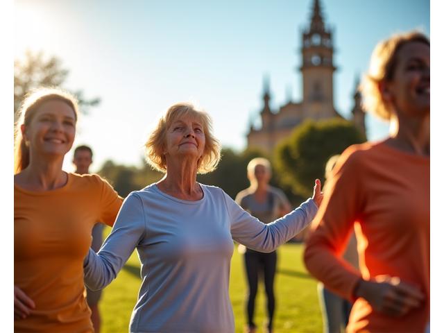 Un grupo diverso de adultos mayores felices participando en una actividad de bienestar al aire libre en un parque de Sevilla, con la Giralda al fondo
