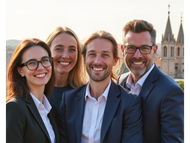 El equipo fundador de Gaviota Plena sonriendo y colaborando en una soleada terraza con vistas a la Giralda de Sevilla