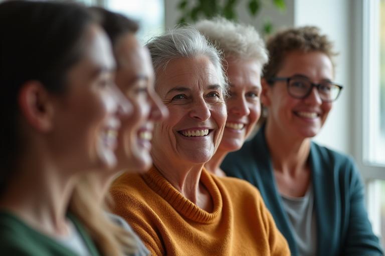 Grupo de personas sonriendo y participando en un círculo de apoyo virtual o presencial