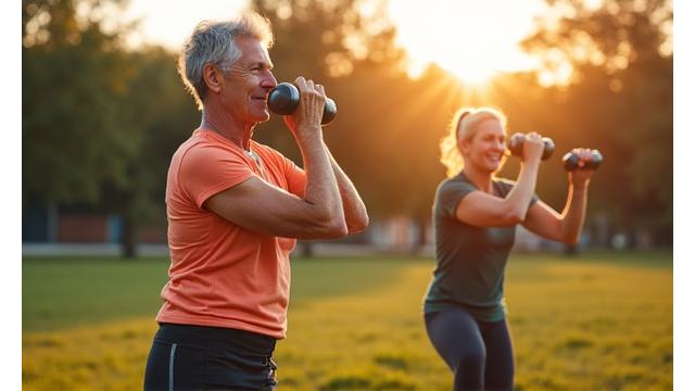 Hombre y mujer de mediana edad haciendo ejercicio funcional en un parque, con equipamiento ligero.
