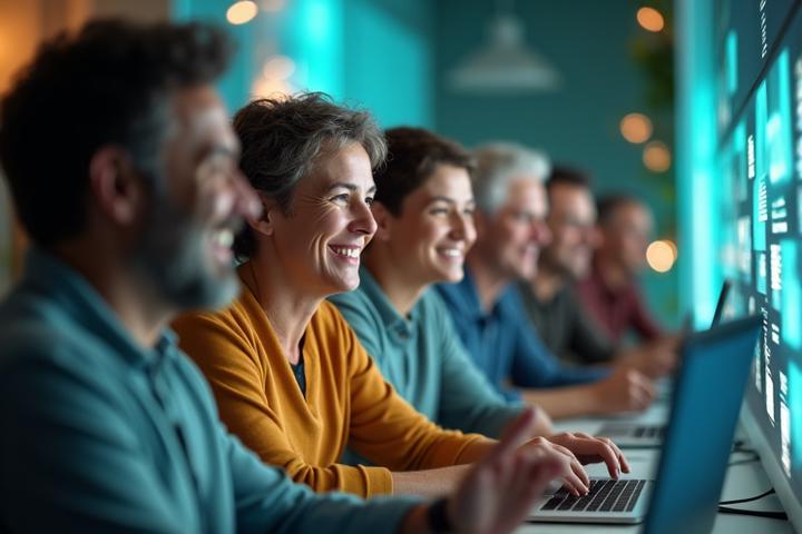 Grupo diverso de adultos interactuando virtualmente en un foro, riendo y compartiendo, con un estilo cálido y acogedor
