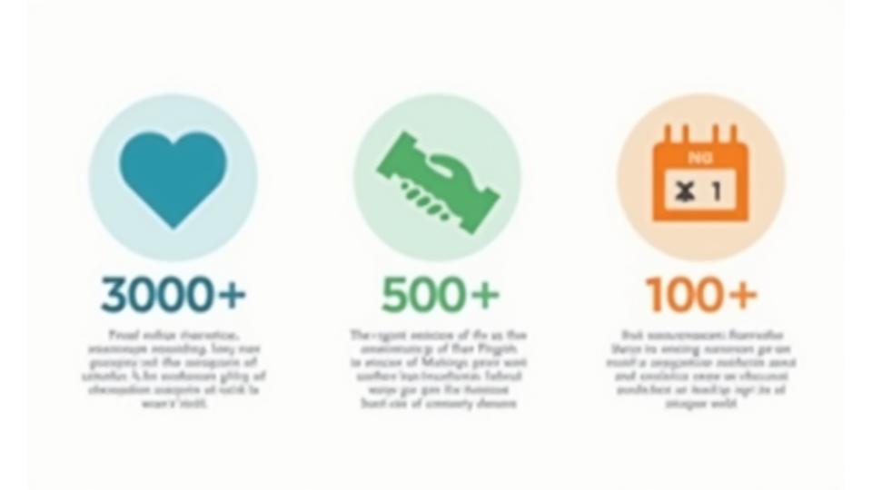 Infografía de logros de la comunidad, mostrando iconos de corazón, manos y calendario con números grandes