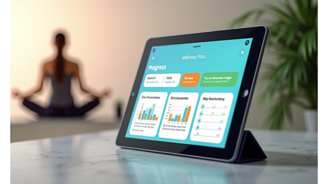 Representación visual de una interfaz de usuario mostrando una guía de bienestar personalizada con gráficos y recomendaciones, en un entorno tranquilo y moderno.