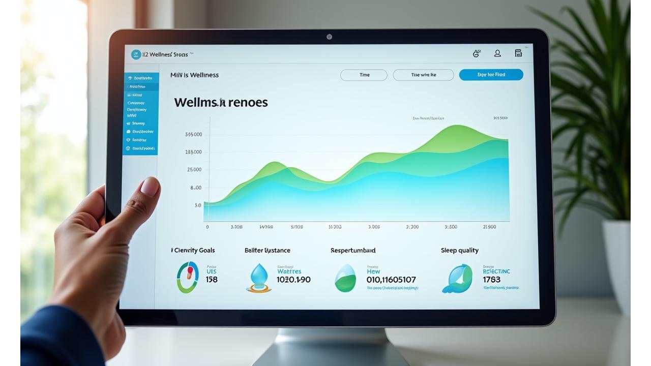 Representación de un dashboard digital con gráficos de progreso, métricas de actividad física y nutricional, y una interfaz limpia.