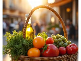 Cesta rebosante de verduras frescas, aceitunas y aceite de oliva virgen extra en un mercado de Sevilla.