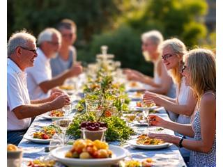 Familia de adultos compartiendo una comida mediterránea abundante y colorida en una mesa exterior soleada.