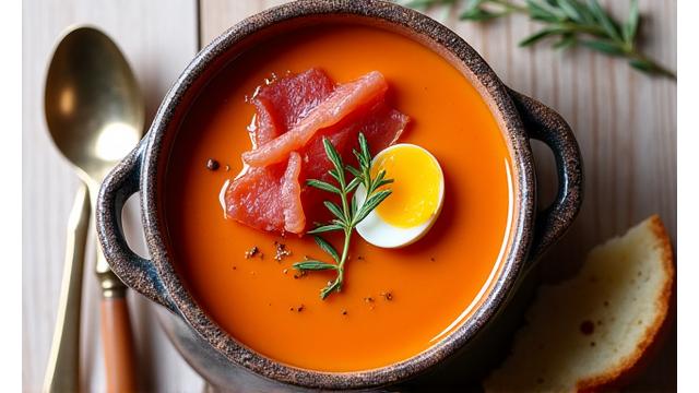 Cuenco de salmorejo cordobés recién hecho, servido con trocitos de jamón serrano y huevo duro.