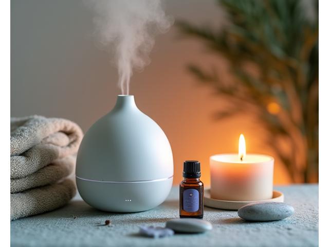 Juego de aromaterapia con difusor de aceites esenciales, velas naturales y piedras de río en un ambiente sereno.