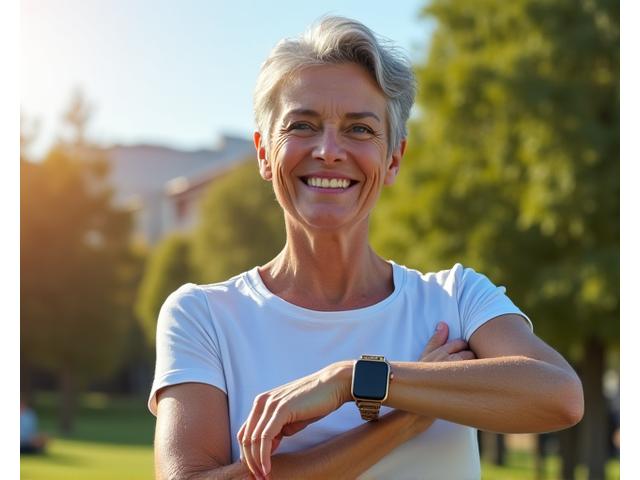 Mujer mayor sonriente usando un reloj inteligente elegante en su muñeca mientras hace yoga ligero en un parque.