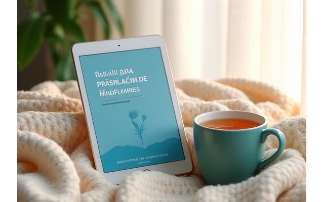 E-book sobre técnicas de mindfulness con portada minimalista y colores suaves junto a una taza de té.
