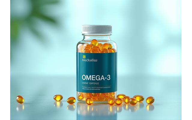 Botella de suplemento Omega-3 de alta calidad con cápsulas doradas sobre un fondo azul claro.