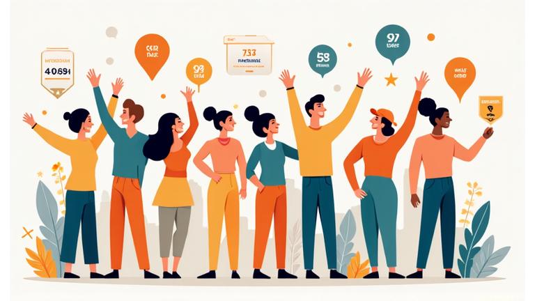 Ilustración de una interfaz de gamificación con barras de progreso, trofeos y un usuario feliz por un logro.