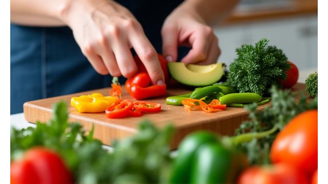 Taller de Cocina Saludable con vegetales frescos y manos preparando una comida